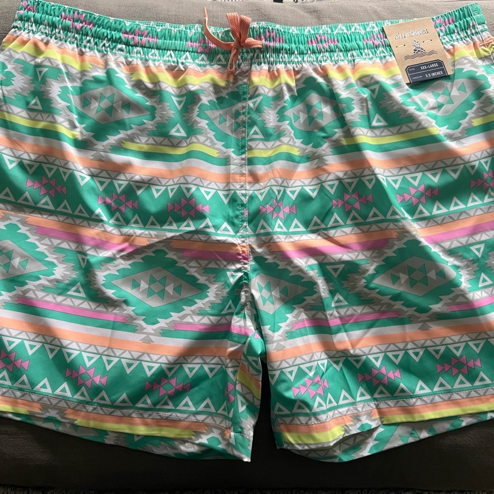 Chubbies Green and Pink Swim Trunks with Geometric Pattern